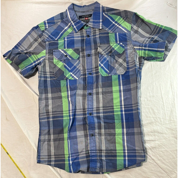 Ecko Unltd. Button Up Shirt Men's Size M Short Sleeve Blue Green Classic - Picture 5 of 7